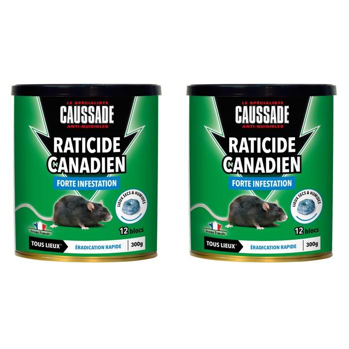 CAUSSADE Raticide Canadien - Anti Rats - Efficacité Radicale - Tous Lieux - 24 Appâts Blocs Pâtes Flocoumafen - 2X300g CARPT300X2
