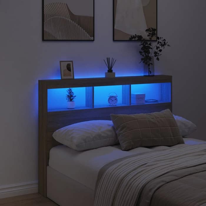 Armoire tête de lit avec LED - WIENS - Chêne sonoma - 140x17x102 cm - LED RVB personnalisables