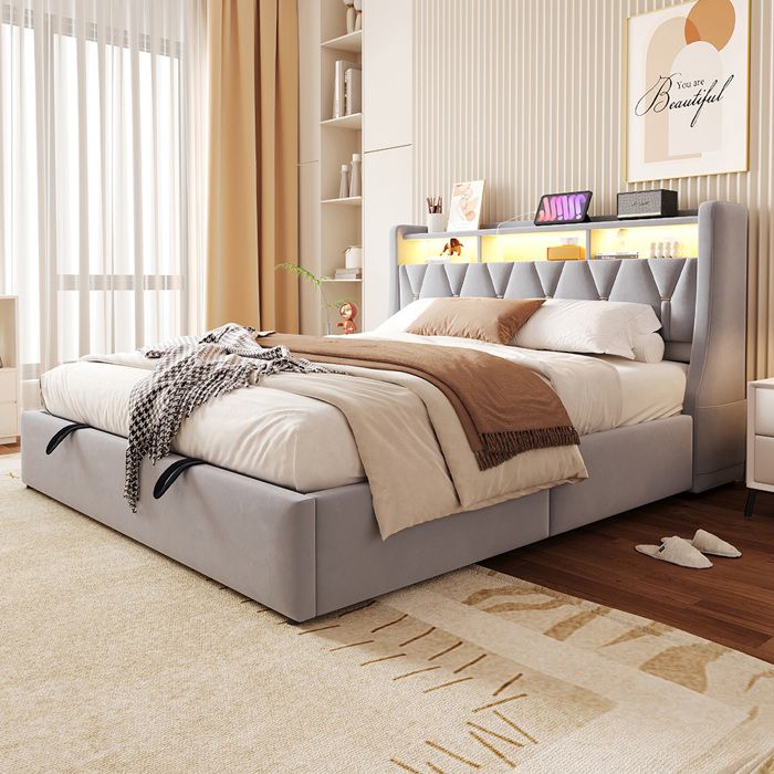Lit coffre 180 x 200 cm avec LED - Prise USB et Type-C - Rangement hydraulique et compartiments de rangement - Velours gris clair