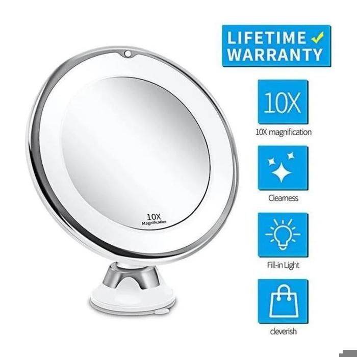 Miroir de Maquillage - Portable - 10x Grossissant - Lumières LED - Rotation 360° - Gris