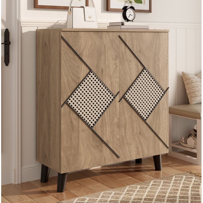 HOMVRA Meuble à Chaussures Moderne 80x32x91 cm - Meuble dEntrée avec Motif Rotin Décoratif et 2 Portes - Couleur Naturelle