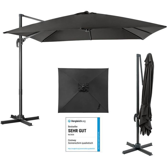 COSTWAY Parasol Déporté Pliable Ø3M avec Base Croisée-Rotation à 360° 3 Réglages dInclinaison-Event pour Jardin et Terrasse Noir