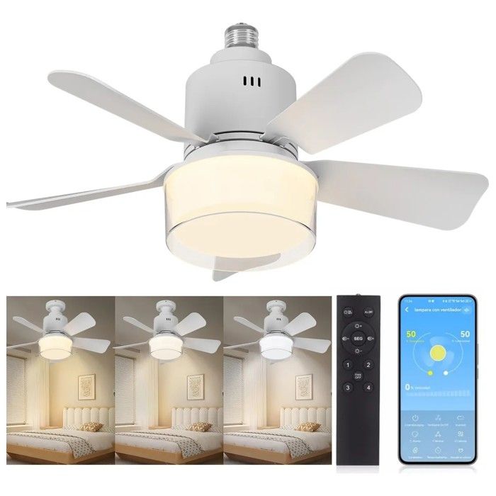 Ø 52.5 cm Ventilateur de Plafond avec Lumière Dimmable Silencieux 4 Vitesses APP et Télécommande 5 Pales E26/E27 Base Blanc - Qubebu