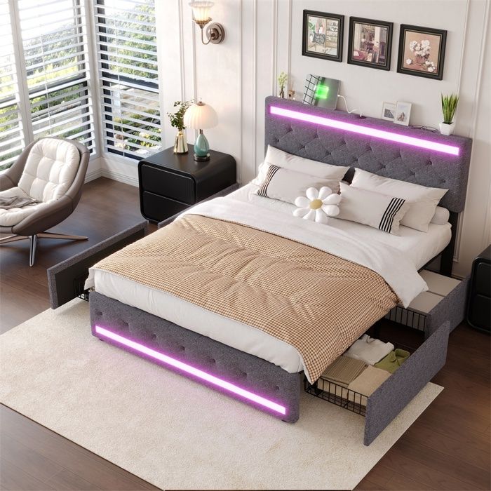 Lit 180x200cm - Lit Double 180x200 - avec 4 Tiroirs LED (Tête et Pied) & Station de Charge (USB/Type-C) - Sans matelas - Gris