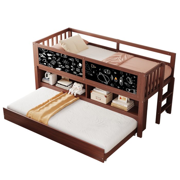 Lit superposé enfant 90x200 cm en bois massif extensible avec tableau graffiti rangement ouvert et échelle marron
