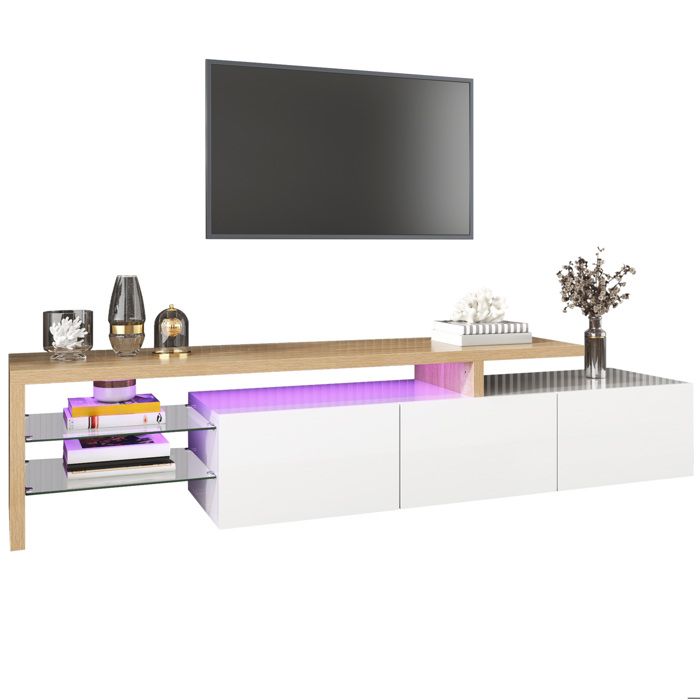 Meuble TV avec éclairage LED finition blanc brillant décor bois et étagères en verre