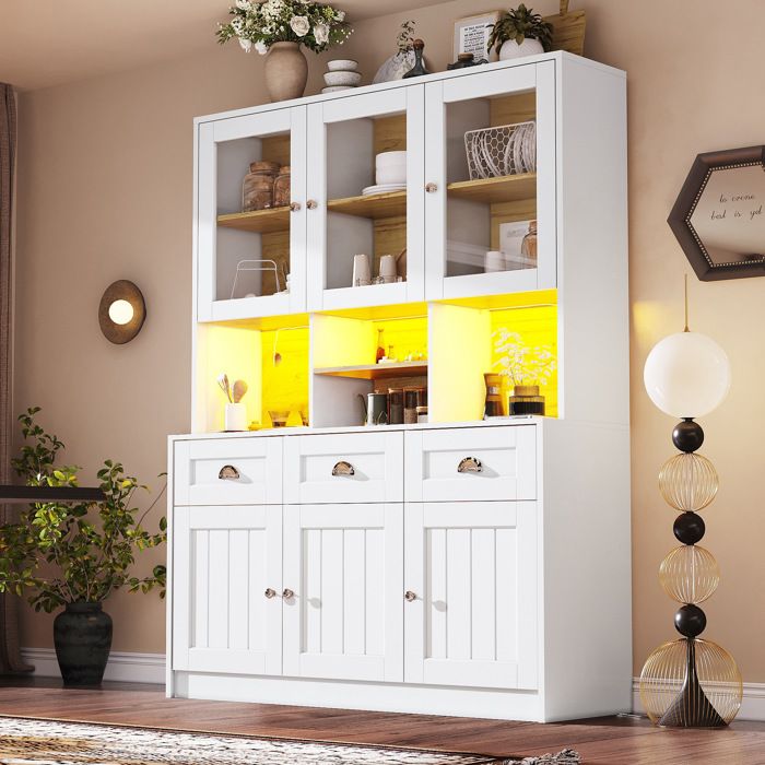 Buffet de Cuisine Haut 10 Portes 3 Tiroirs avec LED et Étagères Réglables pour Cuisine MDF Blanc 140×40×175 cm - UVRION