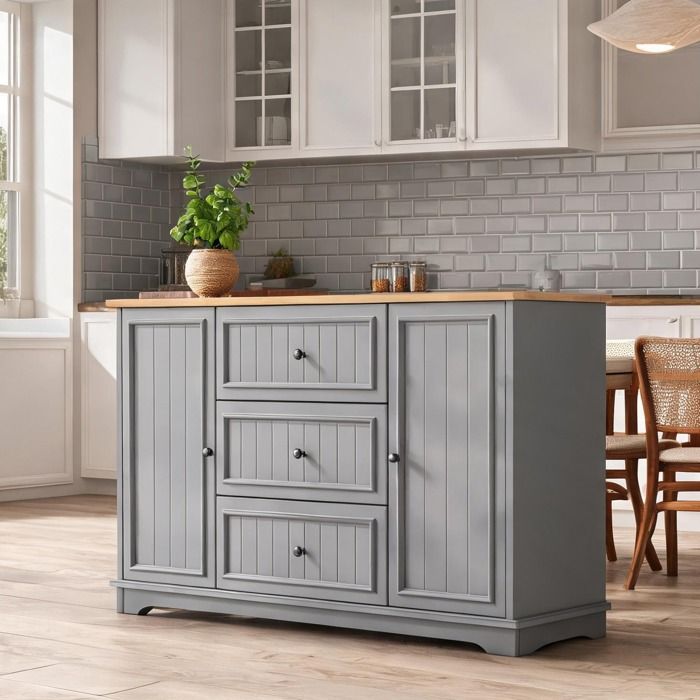 Buffet bas contemporain gris neutre avec 3 tiroirs et portes battantes MDF 126x40x86 cm