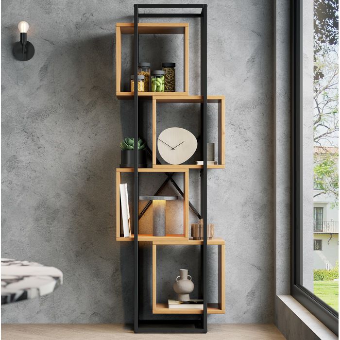 COVREO Étagère bibliothèque sur pied 59x30x180 cm 4 étagères ouvertes métal et MDF noir et bois