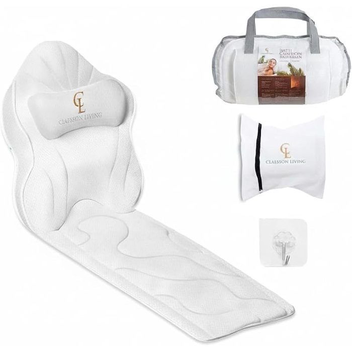 Coussin Baignoire Corps Complet (126x41cm) - Matelas de Bain avec appuie-tête (13cm) & Supports Corps - Coussin Baignoire - Blanc