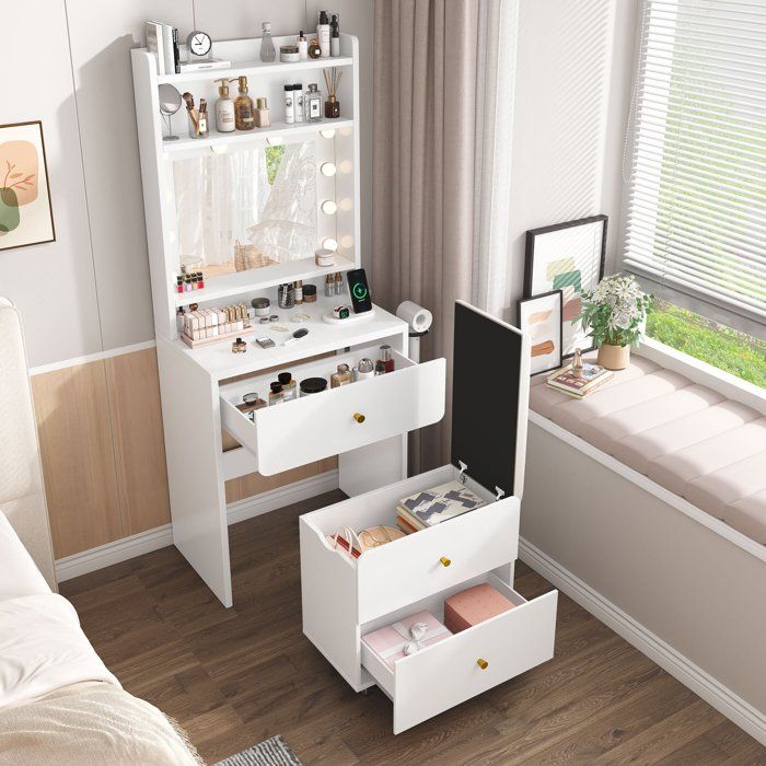 MIRALONO Coiffeuse Grand Miroir LED 3 Couleurs 2 Tiroirs 4 Compartiments Multiprise Tabouret à Roulettes 59 8x40x160cm Blanc