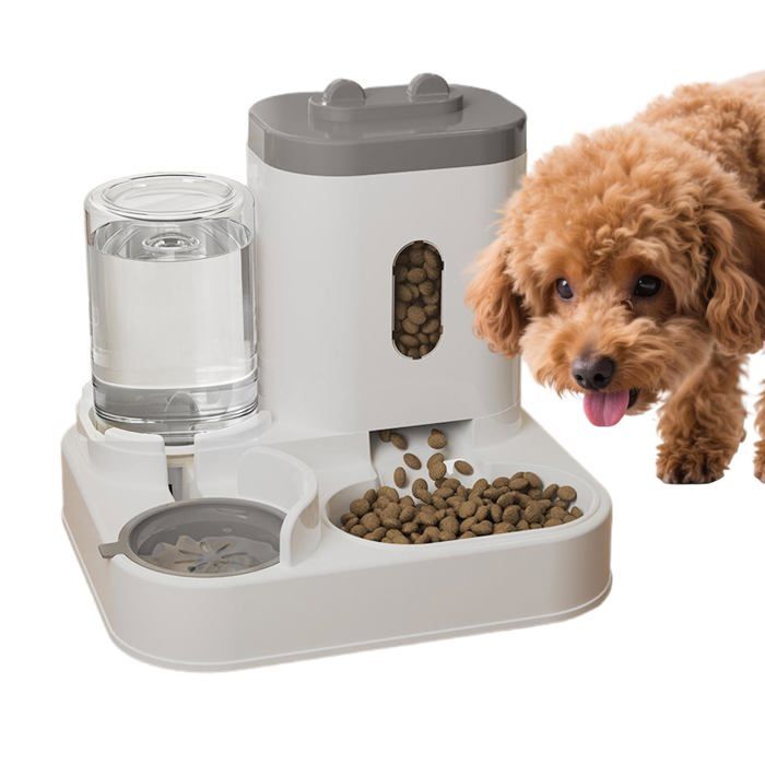Distributeur automatique 2-en-1 pour chats combinant distributeur de nourriture et abreuvoir avec contrôle réglable des portions.