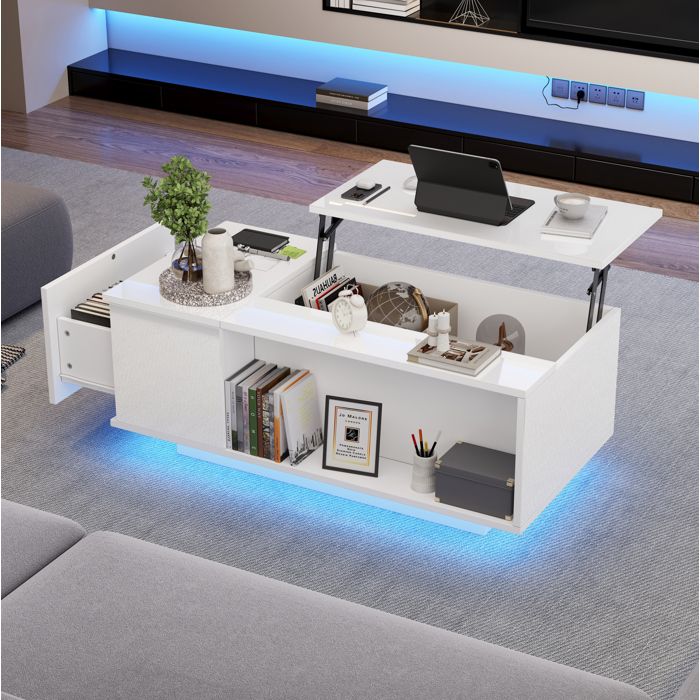 Table basse relevable avec 1 tiroir rangement caché étagère ouverte et LED - BEAUNIV - Blanc brillant 100×50×40 cm