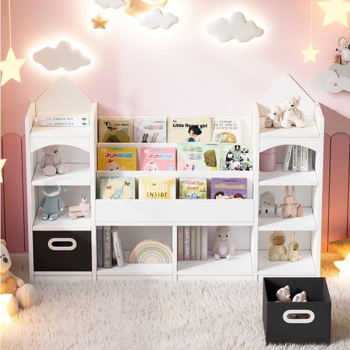 Bibliothèque Enfant avec 6 Étagères 2 Niches et 2 Boîtes Pliables - ELVMI - MDF Blanc 130×30×90 cm