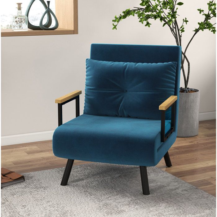 Fauteuil Convertible 1 Place Dossier Réglable 5 Positions - YEAVIO - Lit Simple Coussin 63 × 73 × 81 cm Polyester Bleu
