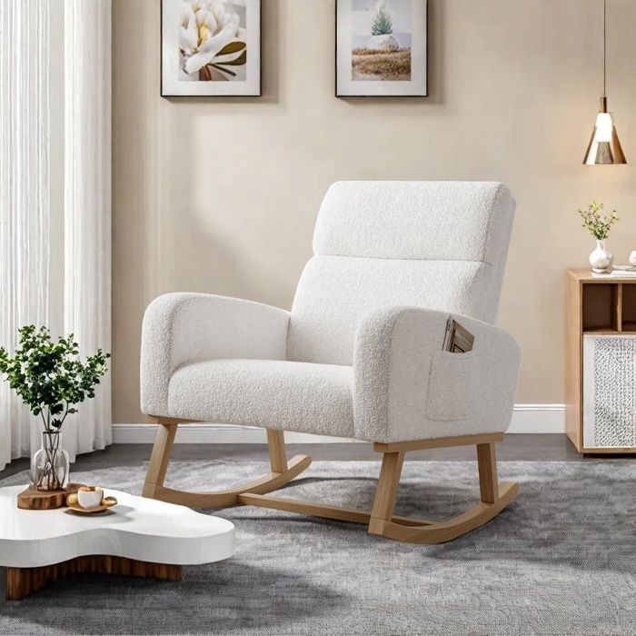 Fauteuil à bascule - avec haut dossier accoudoirs rembourrés et poche - bois massif - blanc - tissu en velours Teddy