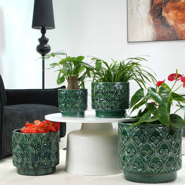 Pot de fleur en céramique – Ø 19 cm – vert brillant relief cœur – avec trou de drainage