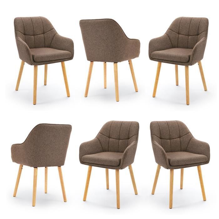 GOEURVANT Lot de 6 Chaises de Salle à Manger Tissu Texturé Marron Moka Chaise Capitonnée Ergonomique avec Accoudoirs Pieds Bois