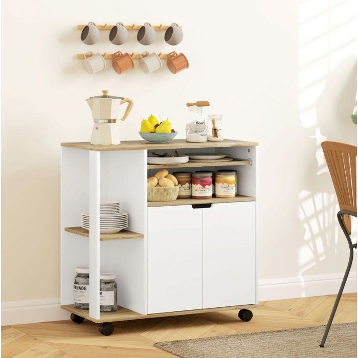 Meuble rangement cuisine sur roulettes avec plan de travail portes doubles étagères réglables bois blanc JOINERY