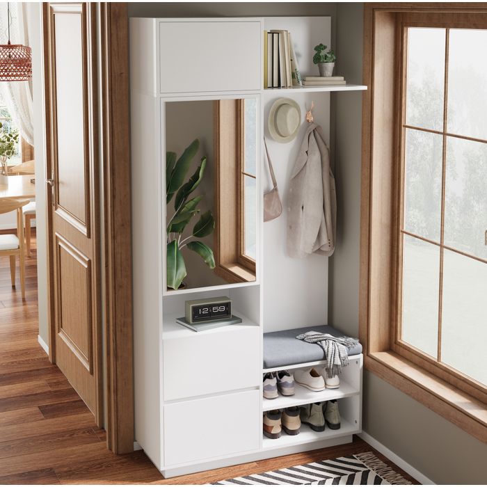 Meuble dentrée 5 en 1 avec miroir banc intégré et range-chaussures 90 x 34 5 x 190 cm MDF blanc VEVXYN