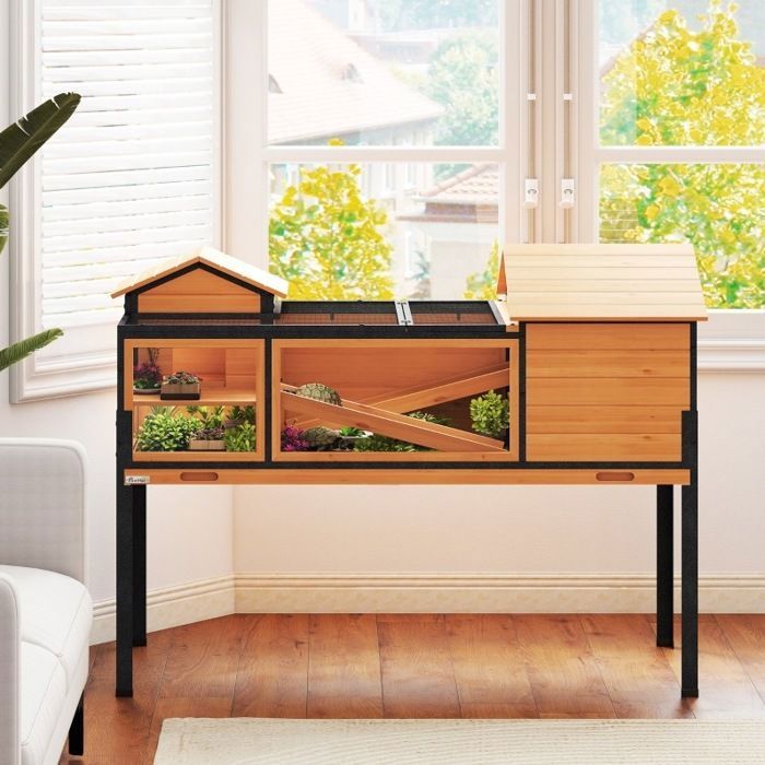 Maison pour tortue à 2 niveaux - SENVIRO - 128 x 63 x 96 cm fenêtres intégrées rampes plateau coulissant bois et acier jaune