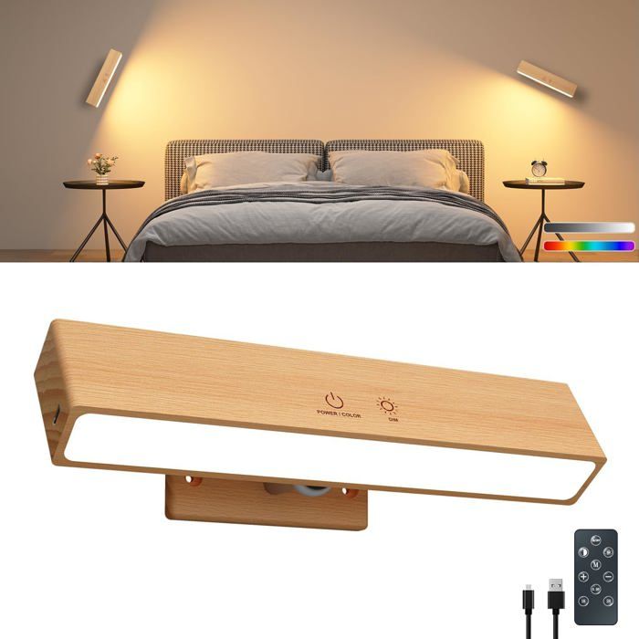 Applique murale LED sans fil rechargeable en bois de hêtre avec fixation magnétique éclairage 22 cm fixation murale sans câblage