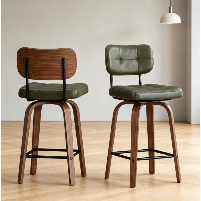 Tabourets de Bar Pivotants Lot de 2 360° avec Dossier Ergonomique - HAVRYA - Bois Métal Simili Cuir PU Vert
