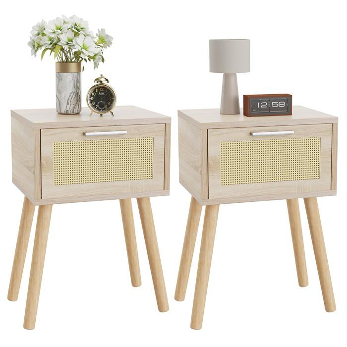 Table de chevet lot de 2 - tiroir magnétique et rangement en rotin - 35 x 27 x 53 cm - bois naturel pour chambre