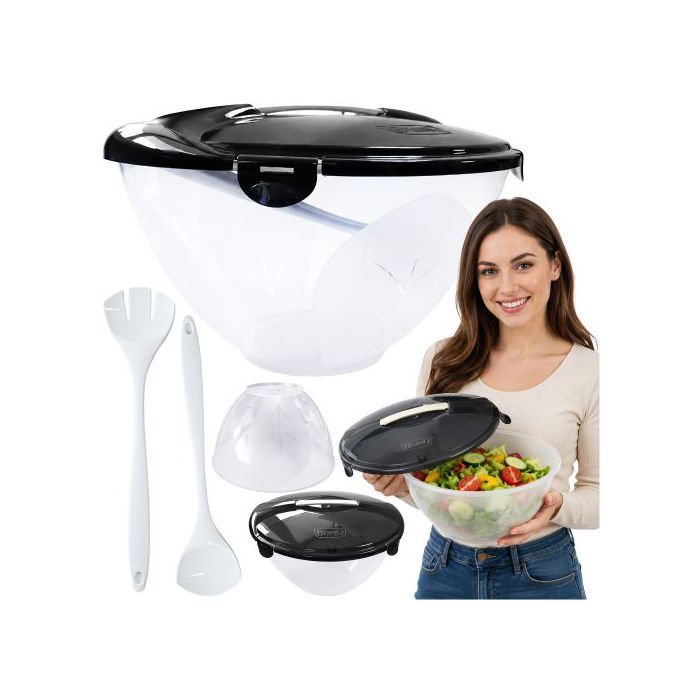 Saladier - EDANTI - 5L - Noir/Transparent - Avec couvercle et cuillères - Plastique 29 cm