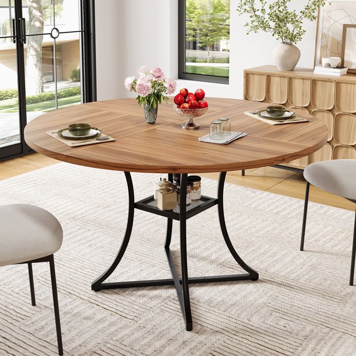 Table à manger ronde 100 cm pour 4-6 personnes plateau MDF effet noyer pieds métal noir X rangement intégré salon et cuisine