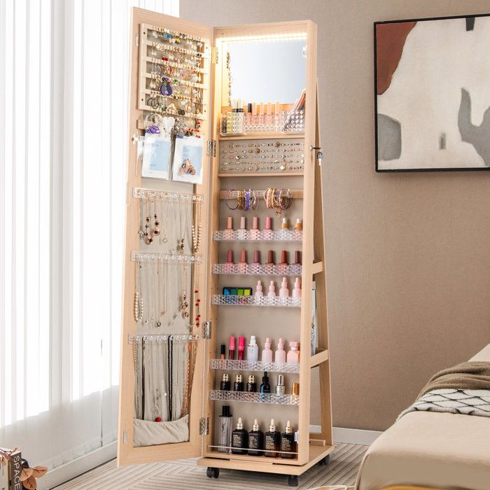 Armoire à bijoux sur pied 3 en 1 avec miroir rangement pour bijoux et accessoires finition naturelle