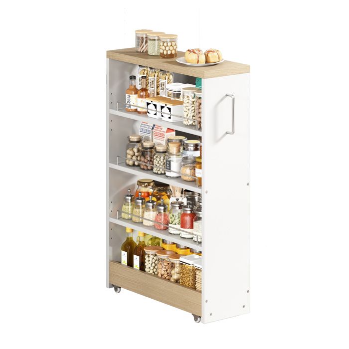 ROVRYN Chariot de rangement ultra fin 16 cm 4 étagères réglables MDF blanc et aspect bois naturel