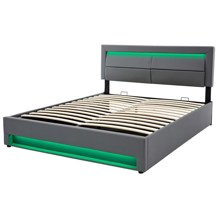 Lit 160x200 cm en simili cuir gris LED 12 couleurs 2 USB et recharge sans fil rangement sans matelas
