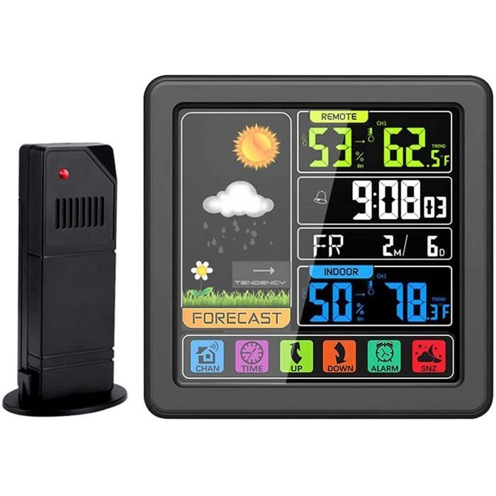 Station Météo Sans Fil - Thermomètre/Hygromètre Intérieur/Extérieur, Pression Atmosphérique, Prévisions 12h - Écran Couleur LCD - 14