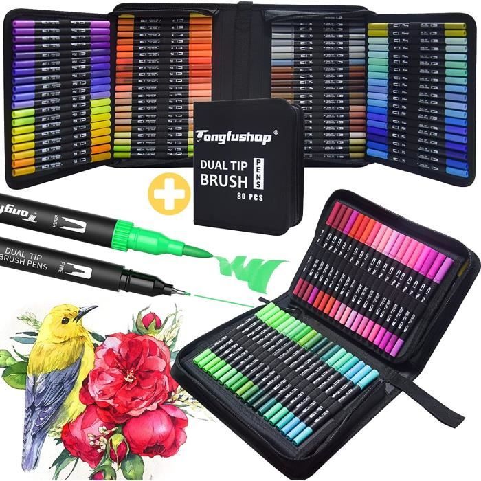 Lot De 24 Feutres Double Pointe MISDUWA – Pointe Fine 0,4 Mm Et Pinceau 1-2 Mm Pour Dessin, Coloriage, Manga