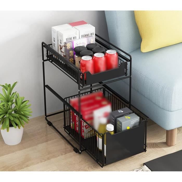 Étagère De Rangement Coulissante 2 Niveaux Pour Sous Évier - Acier Noir 37.4x26.5x44 Cm - Organisation Cuisine/Salle De Bain