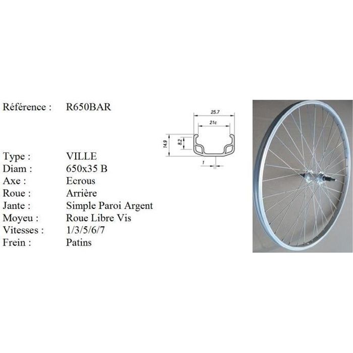 Roue vélo - Roue Arrière vélo - Diamètre 650 (Etrto : 37X584) - 6 Vitesses - Argenté