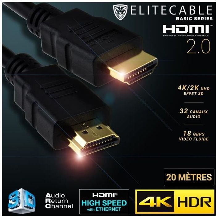 EliteCable Câbles AV HDMI Cable HDMI 20m 4K HDR UHD High