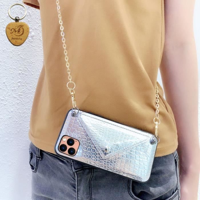 Pour iPhone 11 Pro Max Coque téléphone Portable Etui Crossbody Housse avec  Longue bandoulière Argent - Cdiscount Téléphonie