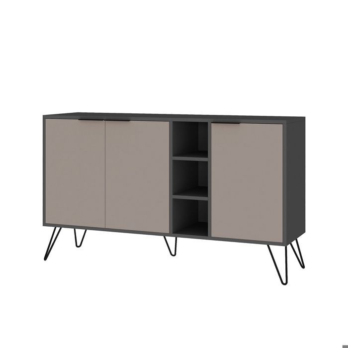 BOBOCHIC Buffet YORGA Anthracite / Moka clair Anthracite Pieds métal épingles 3 niches de rangement Poignées design