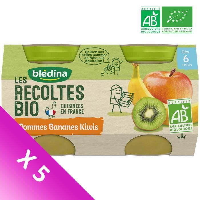 Blédina Les Récoltes Bio, Petits pots pour bébé bio Dès 6 mois Pommes Bananes Kiwis Lot de