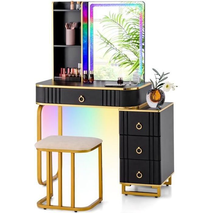 COSTWAY Coiffeuse avec Miroir et Tabouret - Lumière LED RVB Chargeur sans Fil USB Type-C Télécommande - Cadre en Métal Doré COSTWAY Coiffeuse avec Miroir et Tabouret - Lumière LED RVB Chargeur sans Fil USB Type-C Télécommande - Cadre en Métal Doré