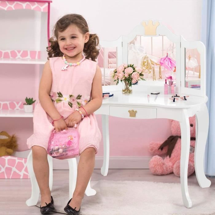 DREAMADE Coiffeuse pour Enfant avec 3 Miroirs Amovibles Ensemble Table de Maquillage 2 en 1 avec Tabouret & Tiroir en Bois Blanc