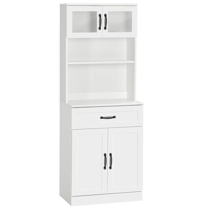 Buffet haut - armoire de cuisine - HOMCOM - 2 portes vitrées étagère tiroir placard double porte - bois - 60x38x161cm - blanc