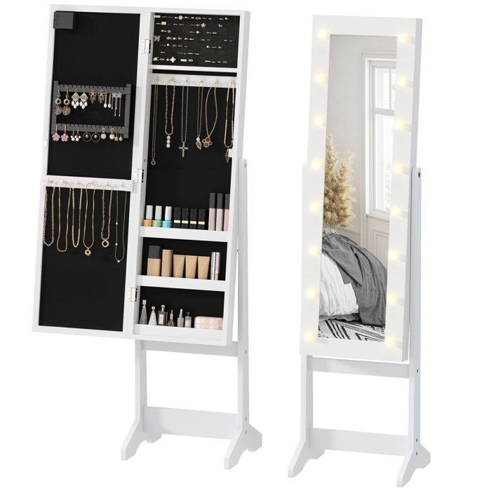 Armoire à bijoux - HOMCOM - meuble rangement sur pieds miroir éclairage LED blanc - bois - blanc