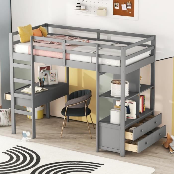 Lit Mezzanine PUGSDRLY 90x200cm Avec Bureau Et Rangement - Blanc - Pour Adolescent Et Adulte Jusqu'à 120kg