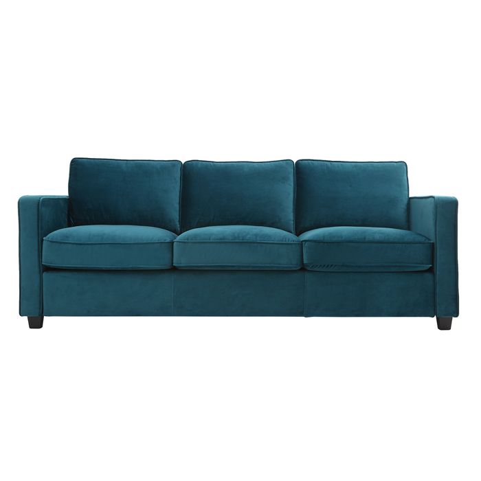 Miliboo - Canapé design 3 places en tissu velours bleu pétrole et bois noir BROOKLYN