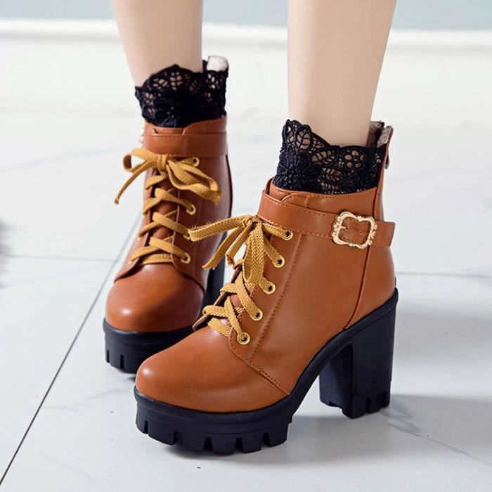 Femmes Plateforme Talons Aiguilles Bottines Mode Talon Haut à Lacets Chaussures Taille Plus