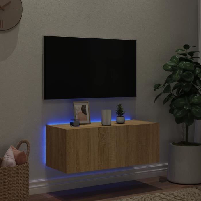 Meuble TV mural - MXZZAND - Chêne Sonoma - 80x35x31 cm - Lumières LED RVB - 2 portes