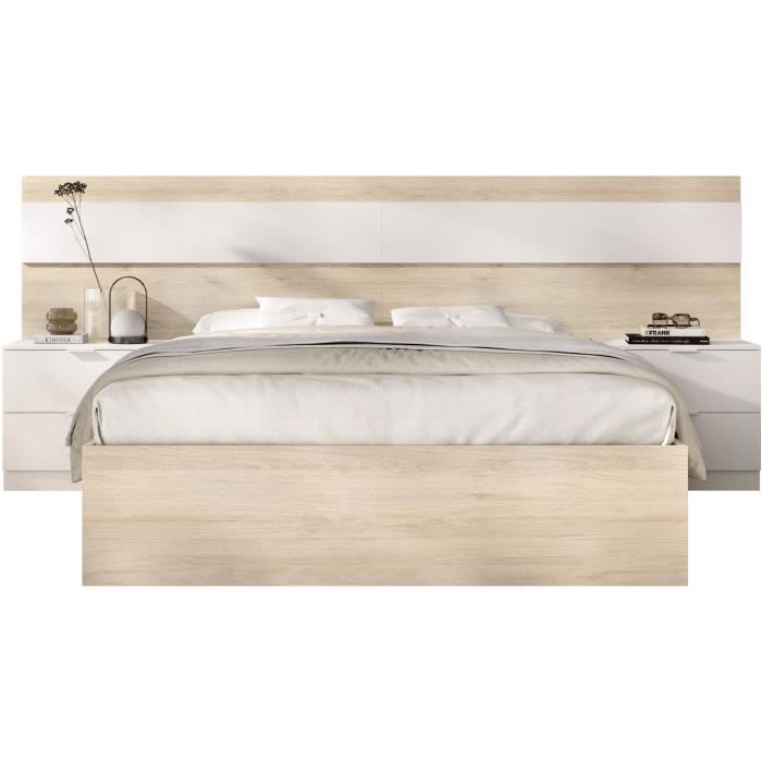 Lit adulte avec chevets intégrés NIZA - 160 x 200 cm - Chêne naturel / Blanc